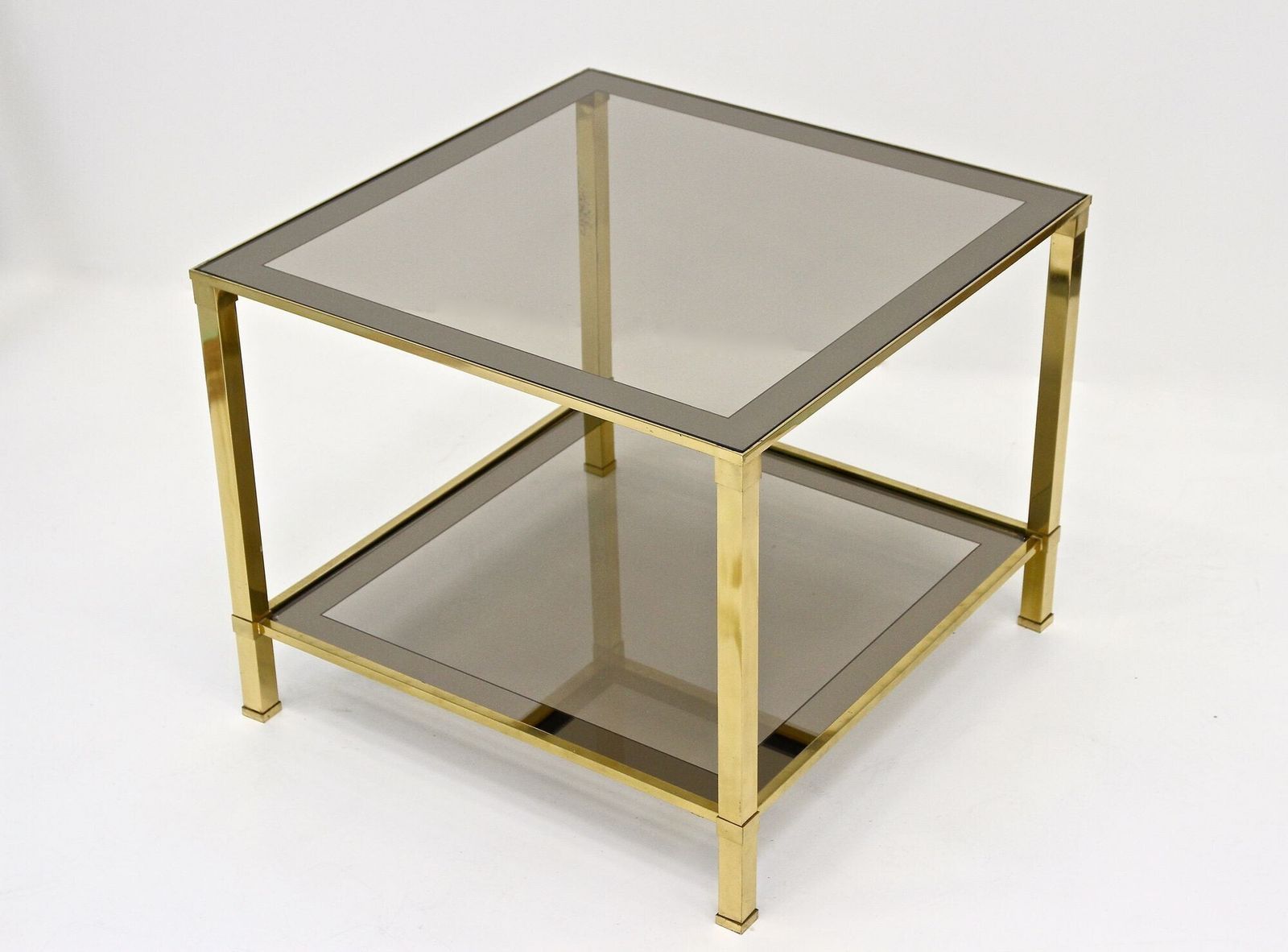 photo vinterior Pair Of Hollywood Regency Brass End/ Side Tables, Smoked Glass, Italy Ca. 1970