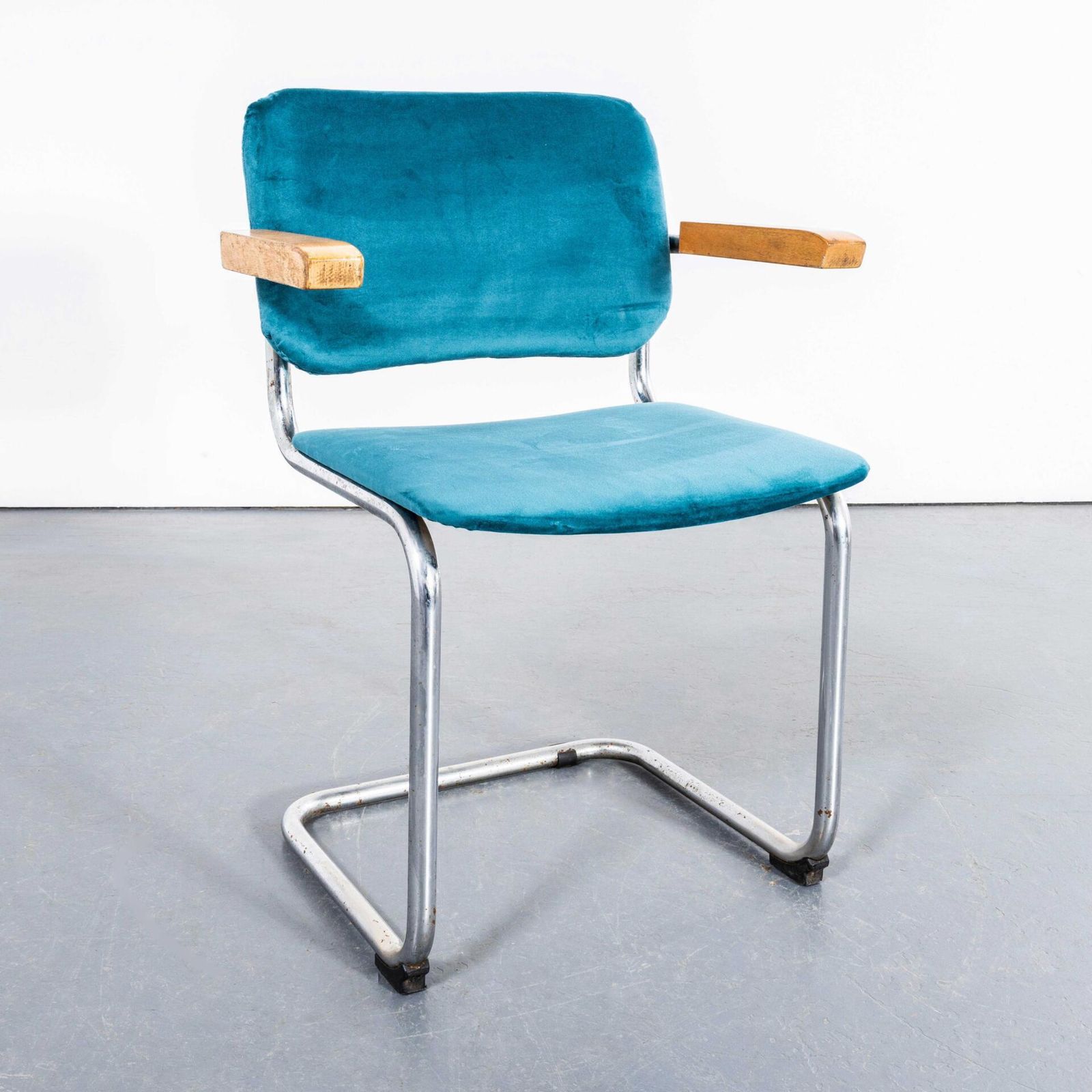 1970's Cantilever Chrome Frame Dining Chairs With Turquoise Upholstery   Set Of Four photo vinterior