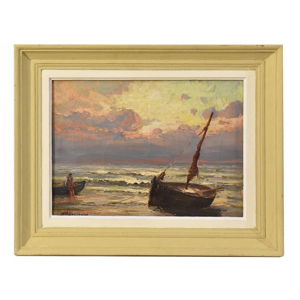 Antique Landscape Oil Painting, Small Seascape With Coast And Sea, 19th Century.