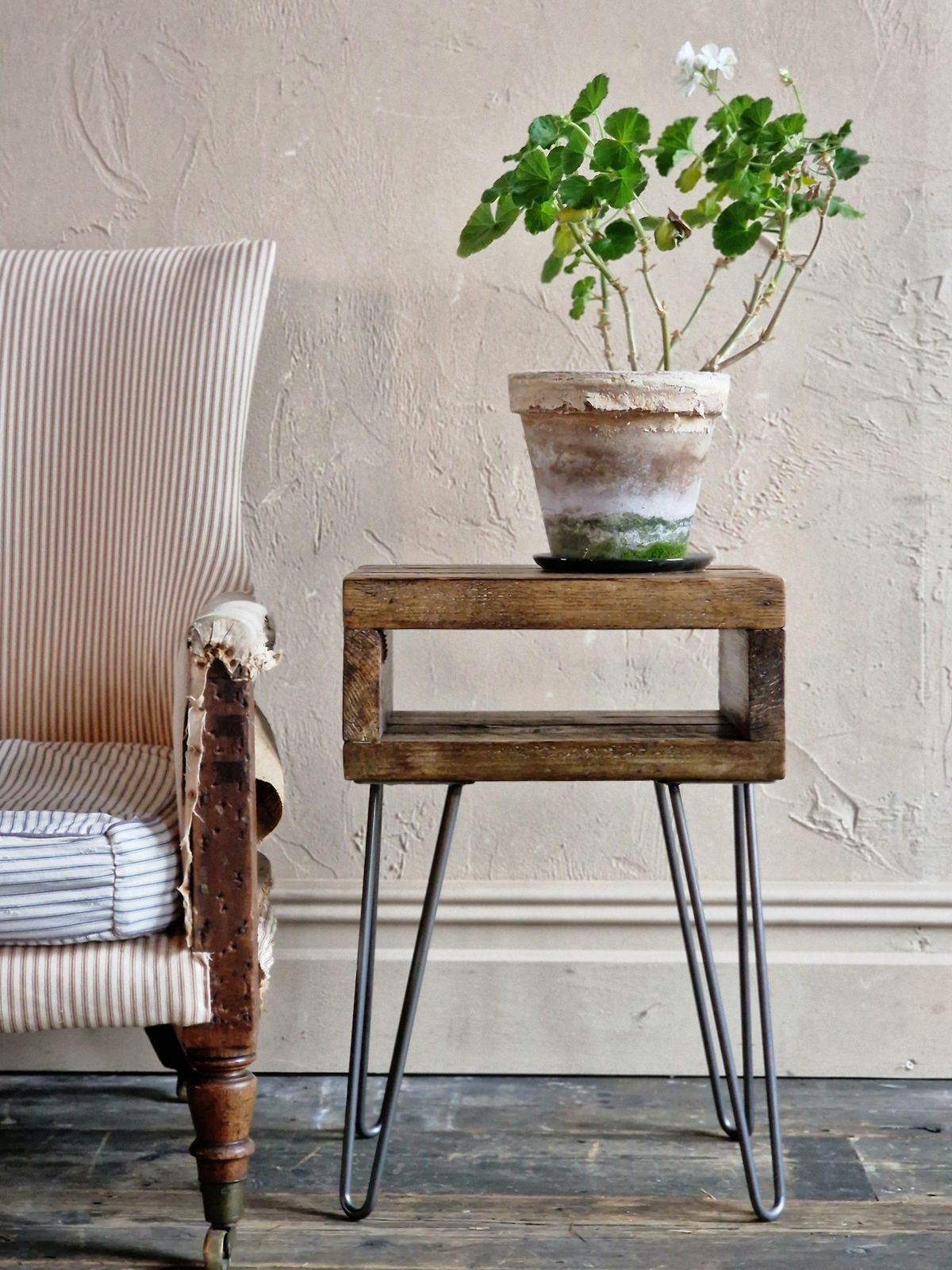 Retro Side Table "Noa" In Roast Coffee Finish With Hairpin Legs   Bedside Table | Boho Plant Stand | Rustic | Reclaimed Wood photo for sale