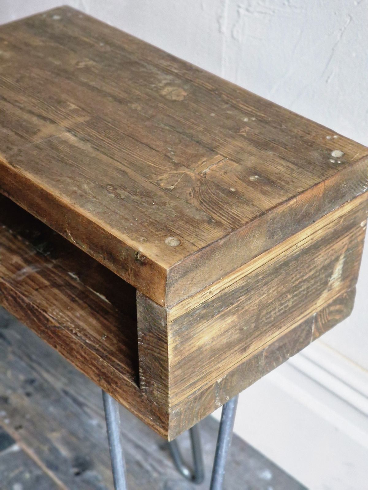 Pair Of Retro Reclaimed Wood Bedside Side Tables With Hairpin Legs photo 199.0