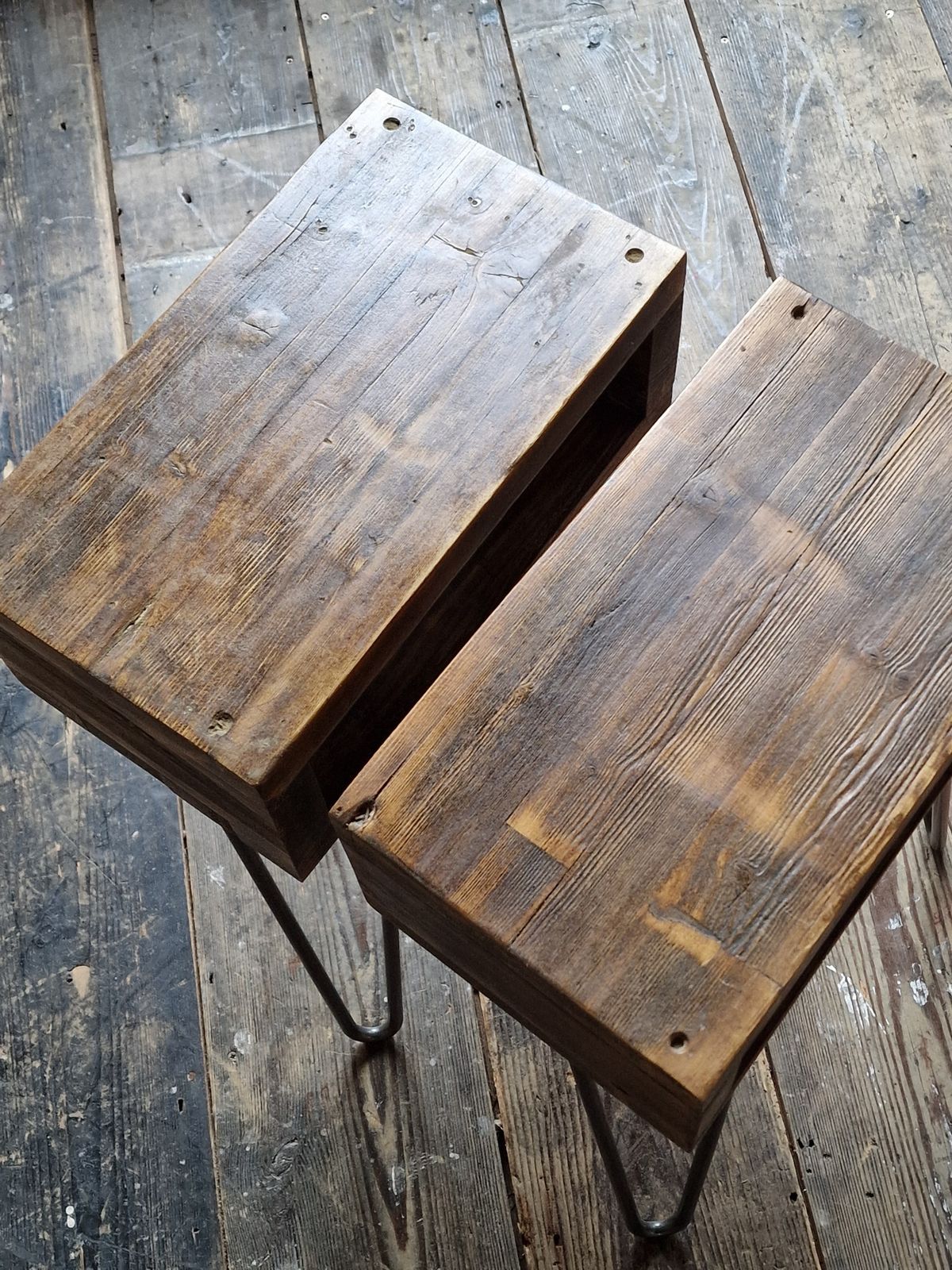 Pair Of Retro Reclaimed Wood Bedside Side Tables With Hairpin Legs photo vinterior