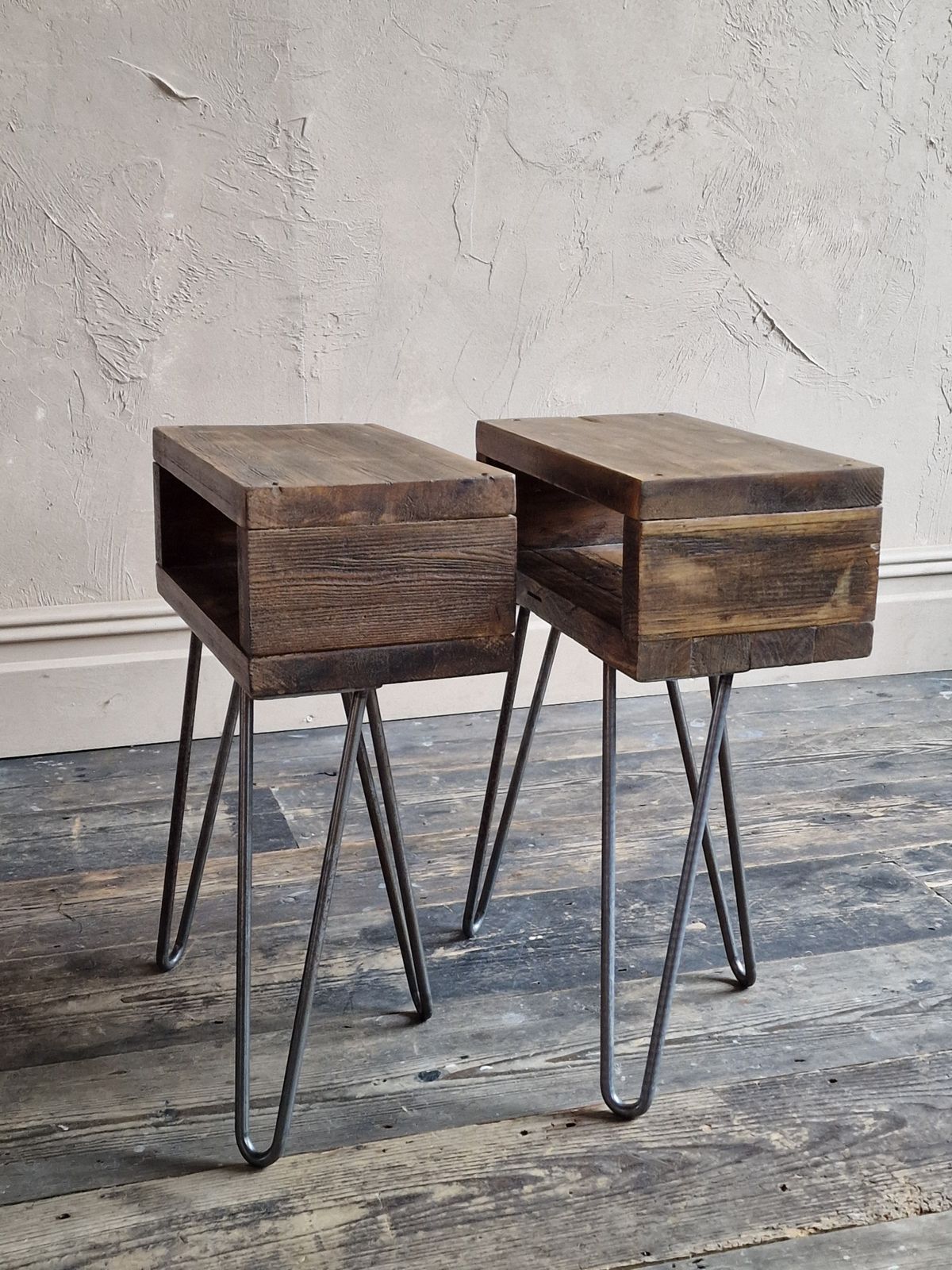 Pair Of Retro Reclaimed Wood Bedside Side Tables With Hairpin Legs photo vintage
