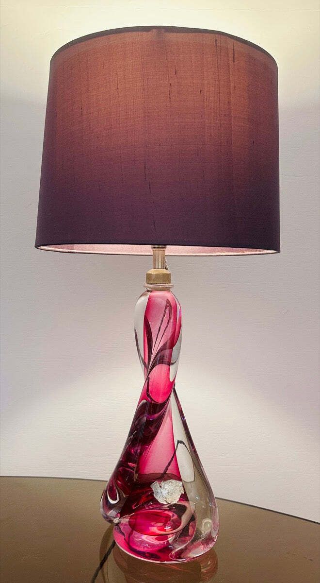 1950s Belgium Val Saint Lambert Pink & Clear Twisted Crystal Glass Table Lamp Base photo furniture
