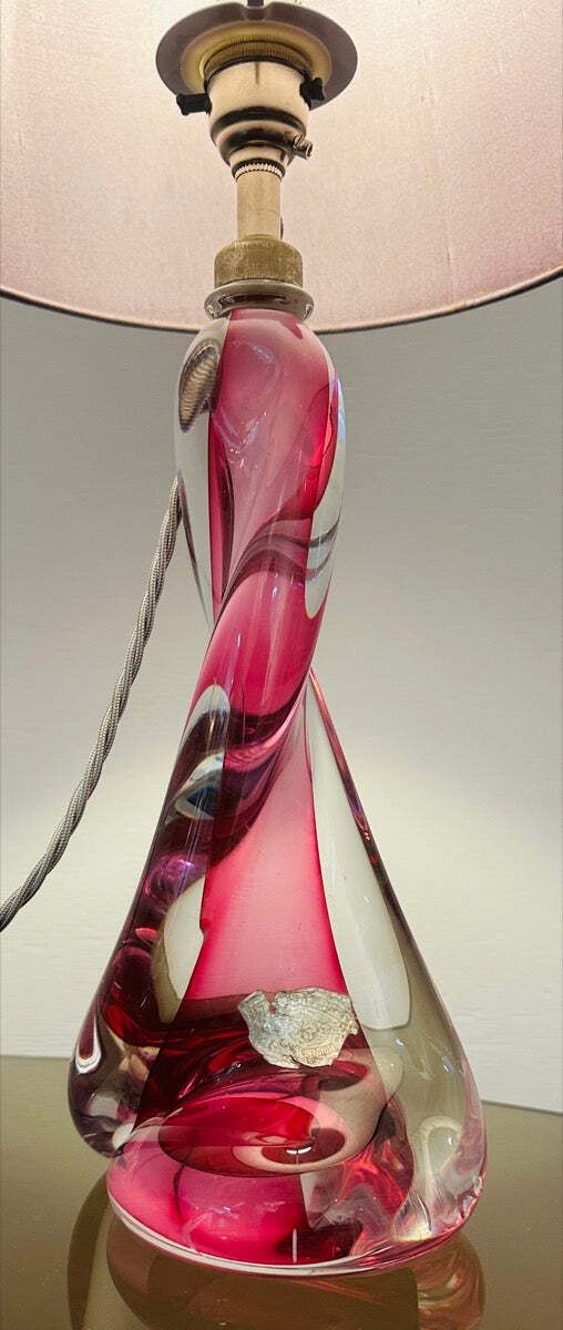 1950s Belgium Val Saint Lambert Pink & Clear Twisted Crystal Glass Table Lamp Base photo vintage
