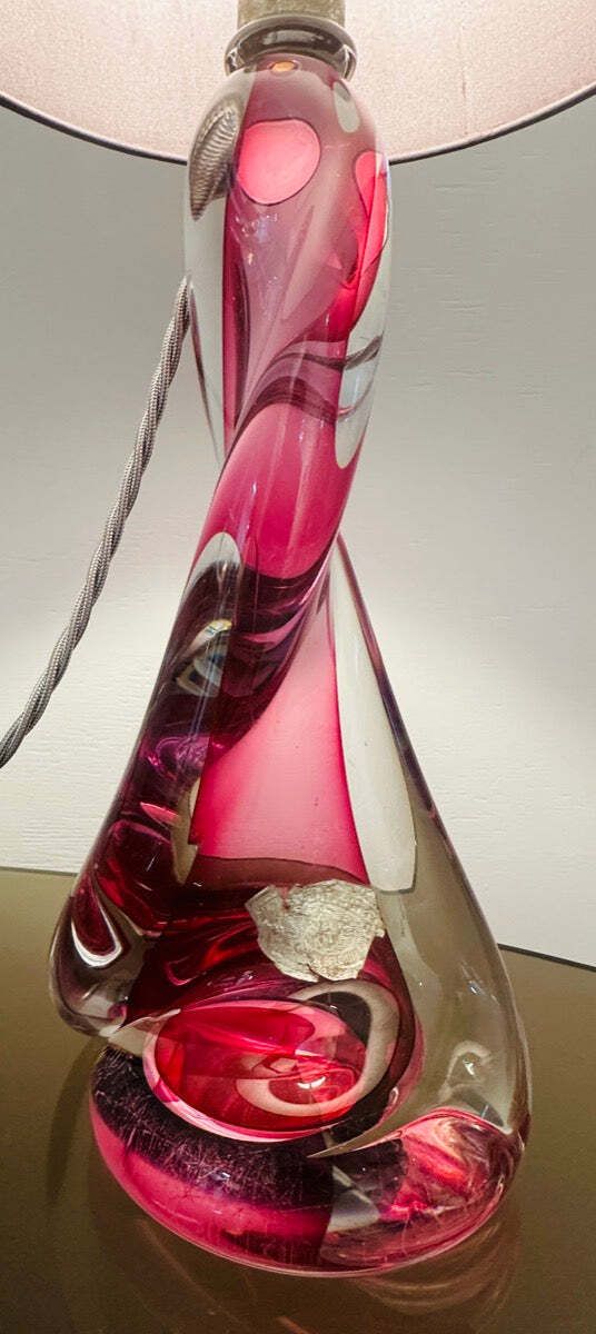 photo furniture 1950s Belgium Val Saint Lambert Pink & Clear Twisted Crystal Glass Table Lamp Base