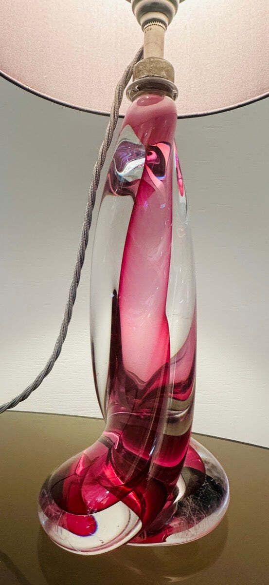 Lighting 1950s Belgium Val Saint Lambert Pink & Clear Twisted Crystal Glass Table Lamp Base photo
