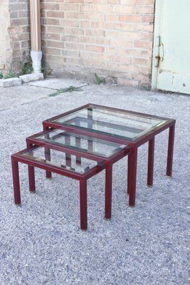 Bordeaux And Brass Lacquered Metal Tables From Maison Jansen, France, 1950s, Set Of 3