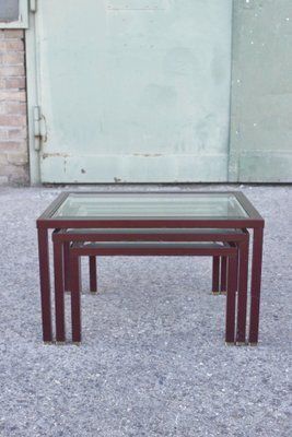 Bordeaux And Brass Lacquered Metal Tables From Maison Jansen, France, 1950s, Set Of 3 photo for sale
