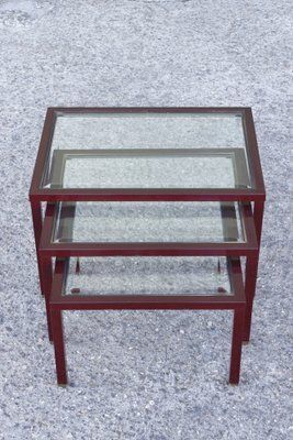 Bordeaux And Brass Lacquered Metal Tables From Maison Jansen, France, 1950s, Set Of 3 photo buy