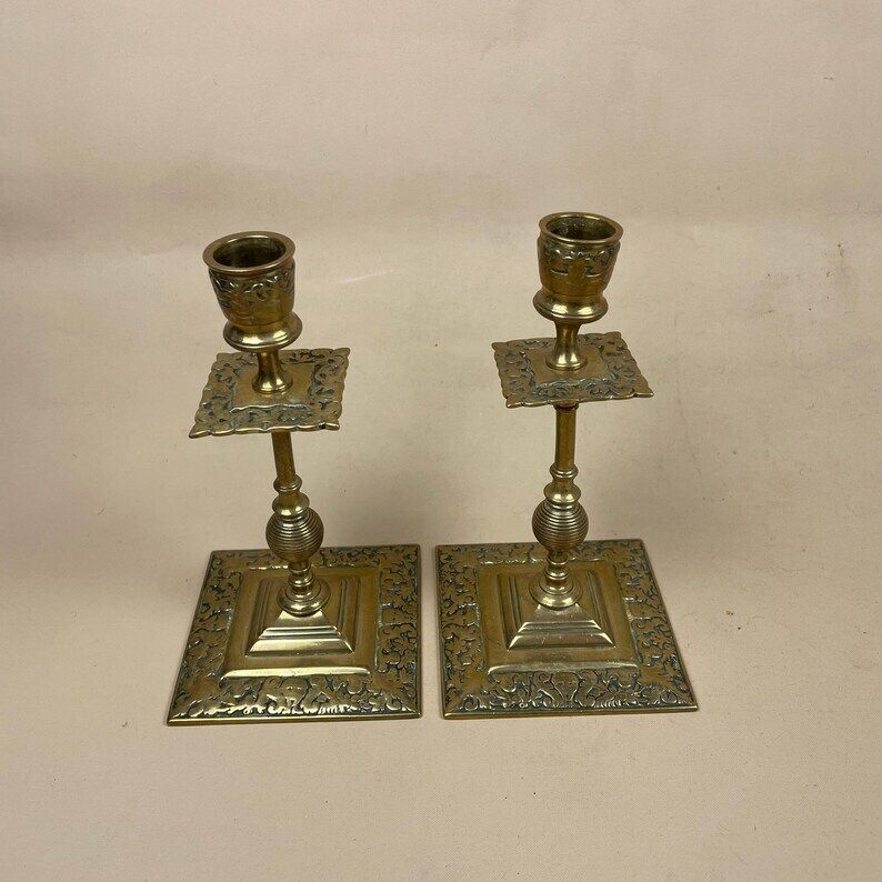 Antique Matching Pair Of Gold Brass Metal Candlestick Candle Stick Vintage Column Taper Dinner Candlesticks Square Base Column Ornate Old