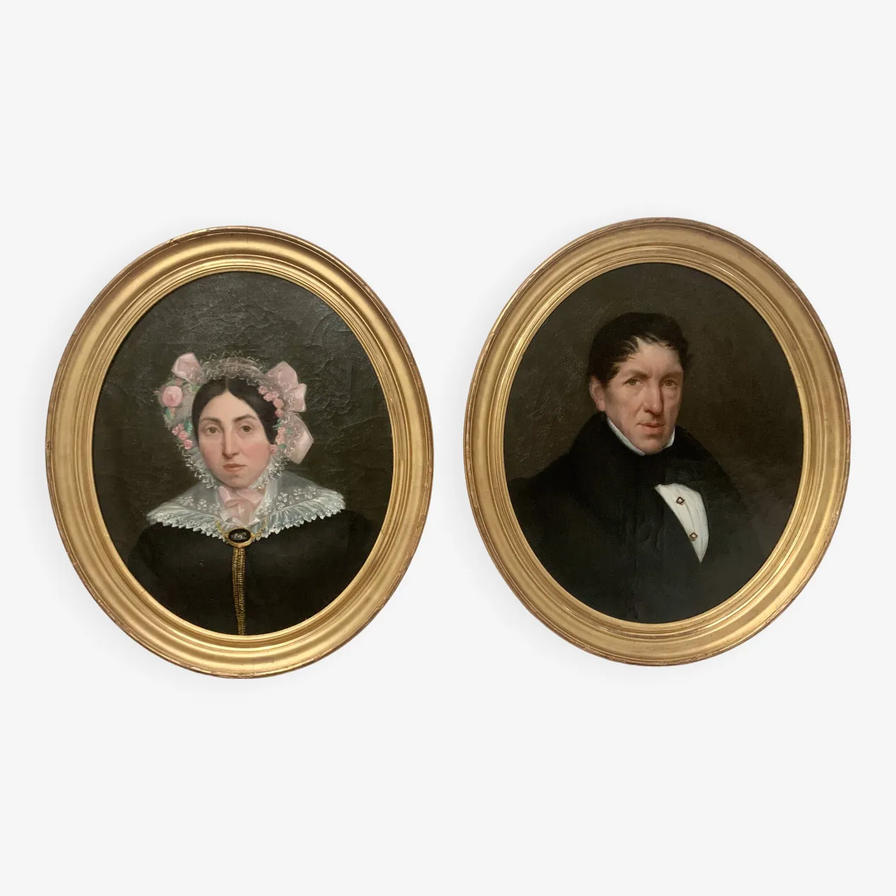 Oil On Canvas Pair Of Portraits In Gilded Oval Frames, 19th Century