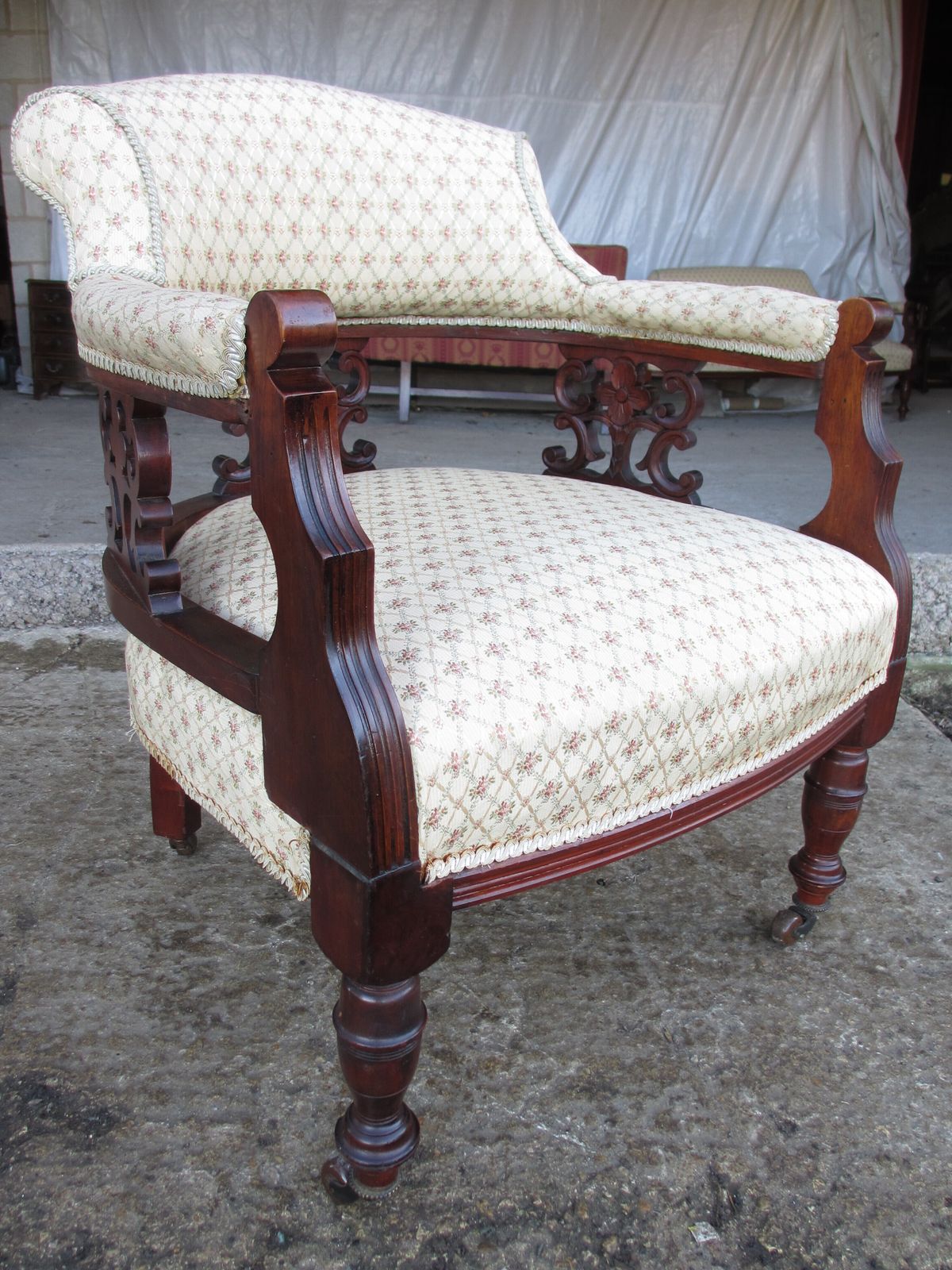 photo for sale Pair Of Edwardian Mahogany Upholstered Tub Armchairs
