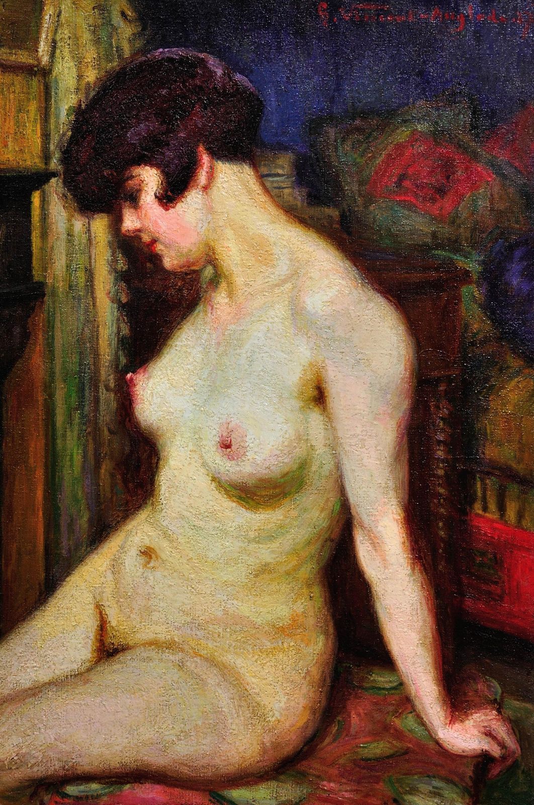 Henri Vincent Anglade 1876 To 1956. La Muse. Framed 1937 French Post Impressionist Oil Painting Of A Female Nude. photo furniture