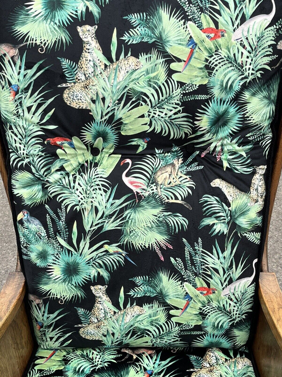 Mid Century Oak Armchair In New Upholstery In A Designer Print. photo vinterior