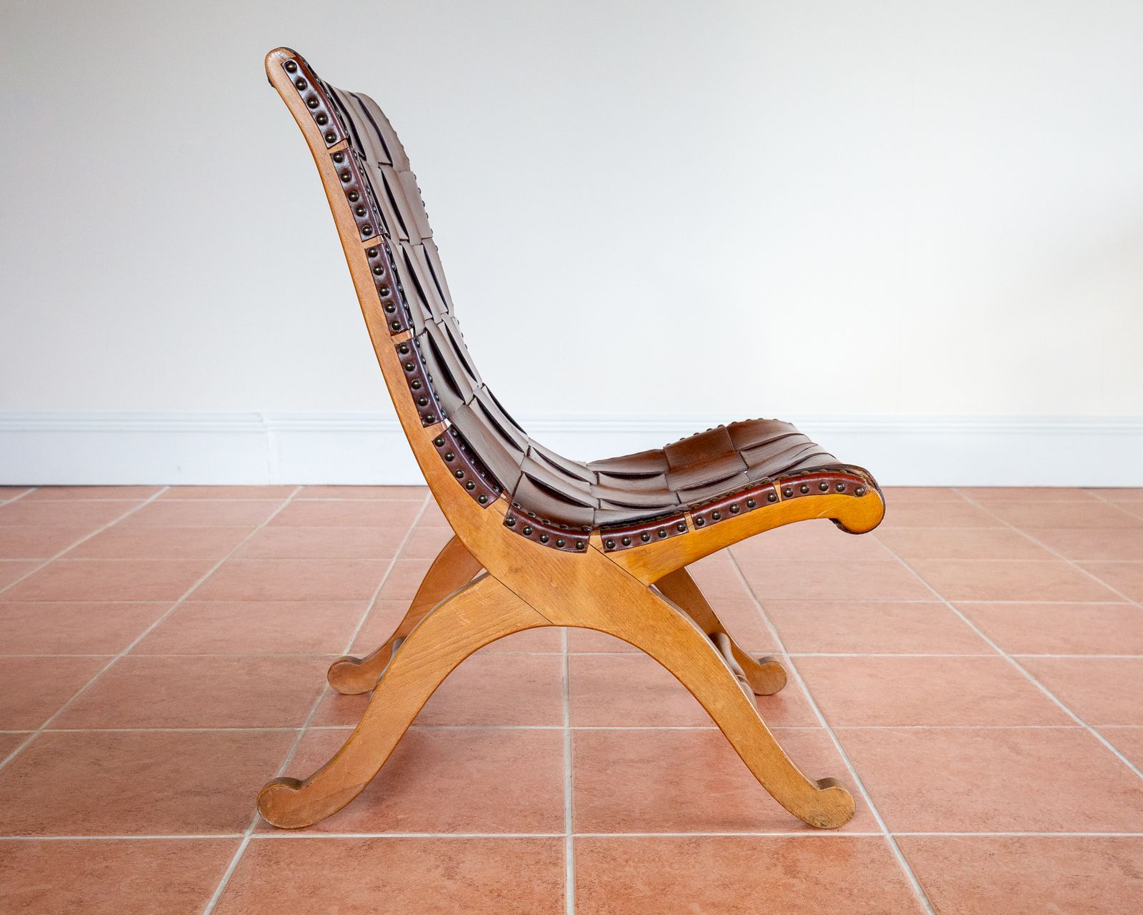 1150.0 Pierre Lottier Slipper Lounge Chair Cigar Leather Strap 1960s Blonde Valenti Spanish French Mid Century Mcm Designer Neoclassical photo