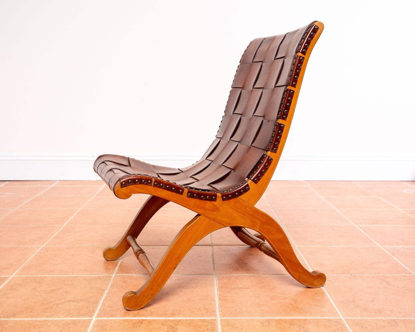Pierre Lottier Slipper Lounge Chair Cigar Leather Strap 1960s Blonde Valenti Spanish French Mid Century Mcm Designer Neoclassical photo furniture