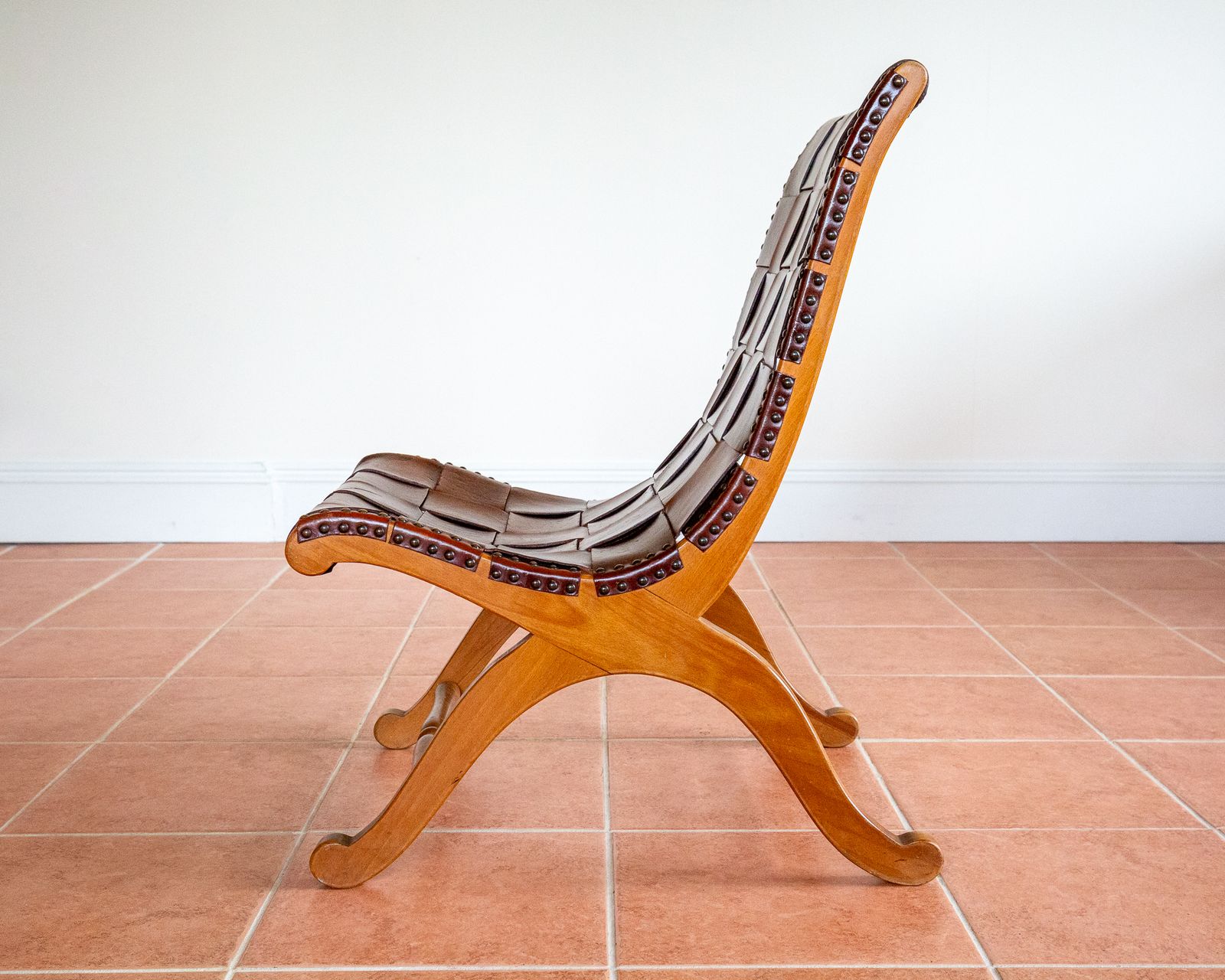 photo for sale Pierre Lottier Slipper Lounge Chair Cigar Leather Strap 1960s Blonde Valenti Spanish French Mid Century Mcm Designer Neoclassical