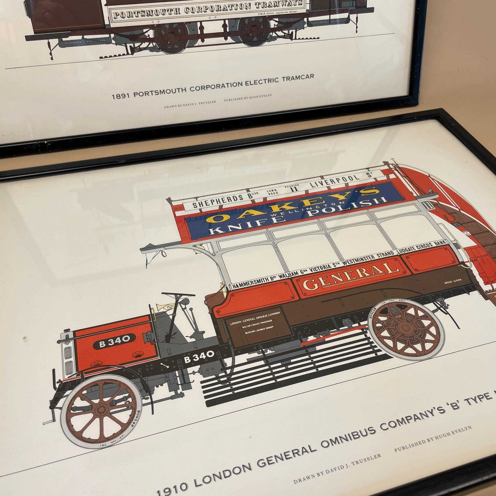 Vintage London & Portsmouth Tram Drawings From 1910 And 1891 Antique Framed Prints David J Trussler photo buy