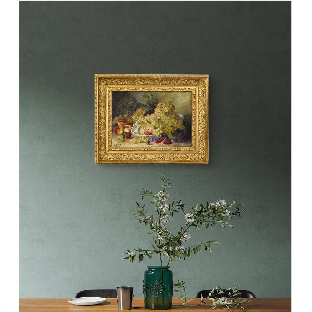 Still Life Oil Painting, Still Life With Fruit, Peaches And White Grapes, Oil On Canvas, Antique Painting, XIX Century. (Qnm616) photo furniture