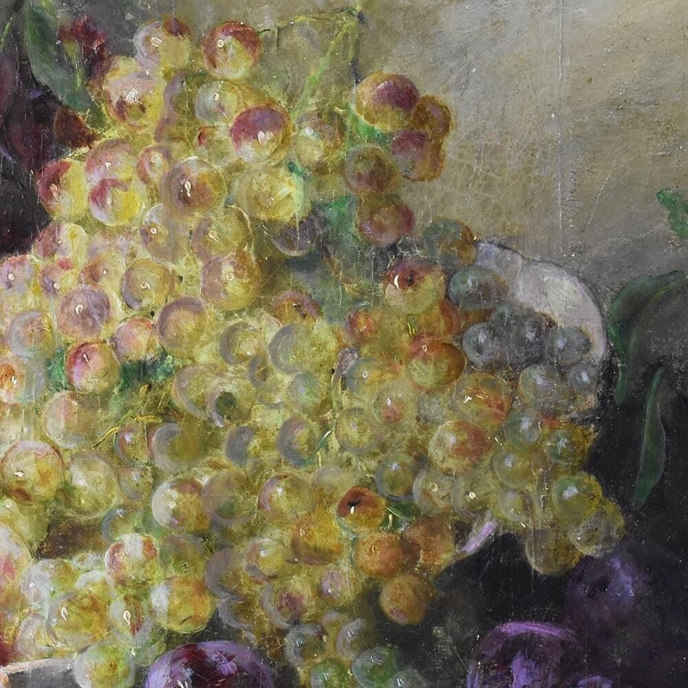 Still Life Oil Painting, Still Life With Fruit, Peaches And White Grapes, Oil On Canvas, Antique Painting, XIX Century. (Qnm616) photo Art