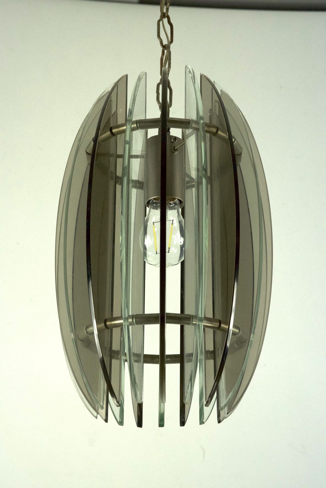 Mid Century Italian Fume And Clear Thick Glass Chandelier By Veca. Italy 1960s photo for sale