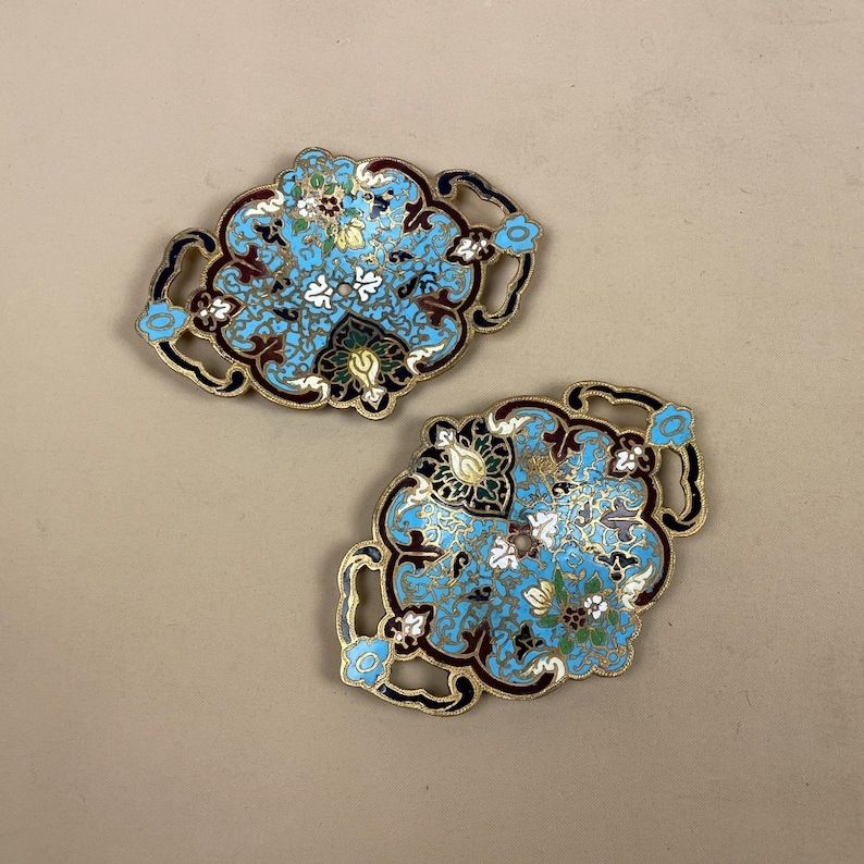 Oriental Chinese Cloisonne Handmade Handle Trim Floral Decorative Antique Asian Metal Gold Brass Enamel Painted Flower Blue Gold Cabinet photo furniture