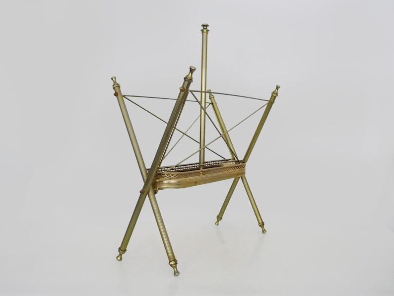 Neoclassical Baroque Folding Magazine Rack In Gold Metal. 50s