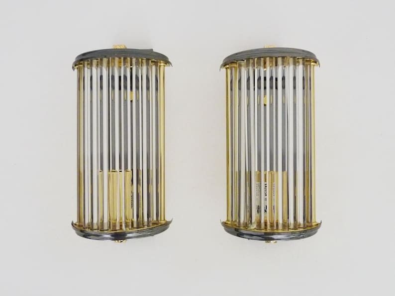 Pair Of Art Deco Style Wall Lights, Brass, Metal And Glass Gs Model Vadisa. 70s