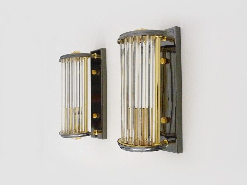 Pair Of Art Deco Style Wall Lights, Brass, Metal And Glass Gs Model Vadisa. 70s photo Lighting