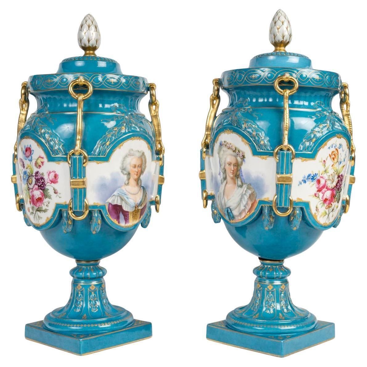 Pair Of German Porcelain Covered Vases, 19th Century, Napoleon III Period.