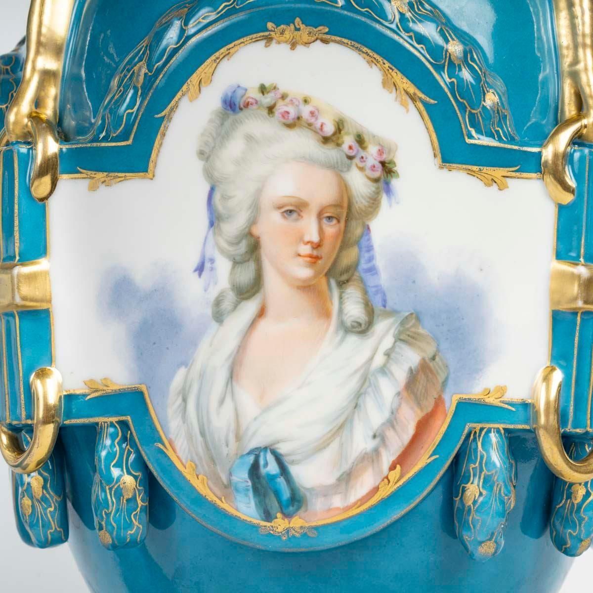 Pair Of German Porcelain Covered Vases, 19th Century, Napoleon III Period. photo for sale