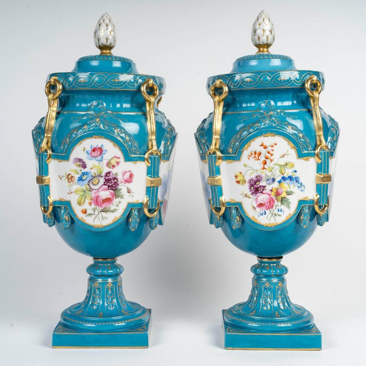 Pair Of German Porcelain Covered Vases, 19th Century, Napoleon III Period. photo vintage