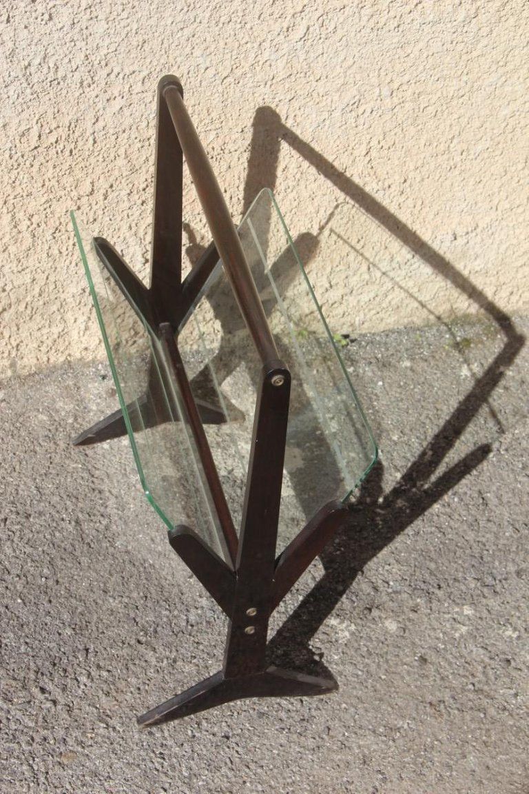 Mahogany Magazine Rack Geometric Shape Italian Design Midcentury Glass Parts photo vinterior