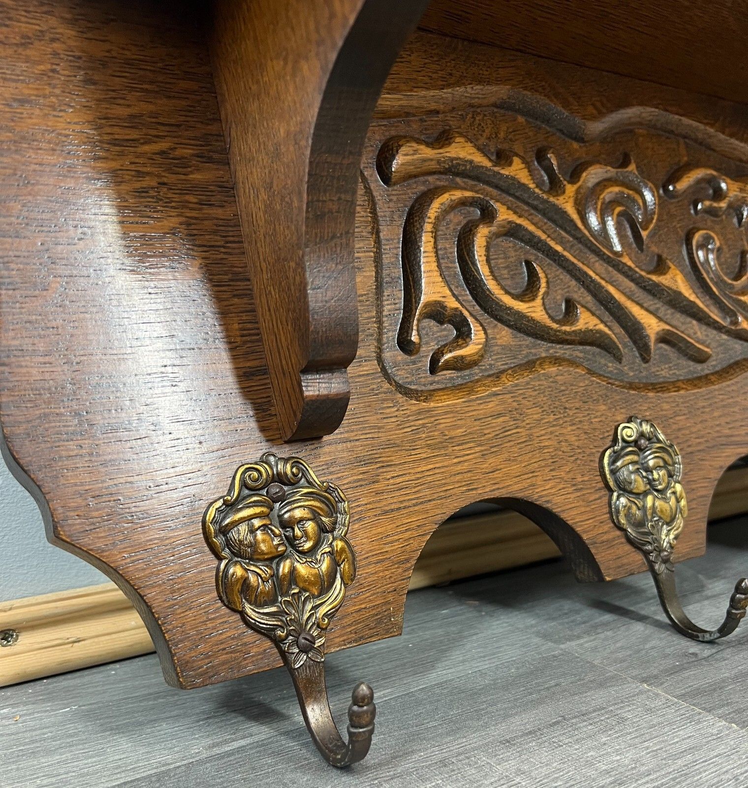 Coat Hanger Rack French Antique Solid Wood 6 Hook Ornate Carved (Lot 3511) photo 299.0