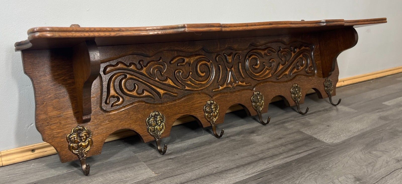 Coat Hanger Rack French Antique Solid Wood 6 Hook Ornate Carved (Lot 3511) photo vintage