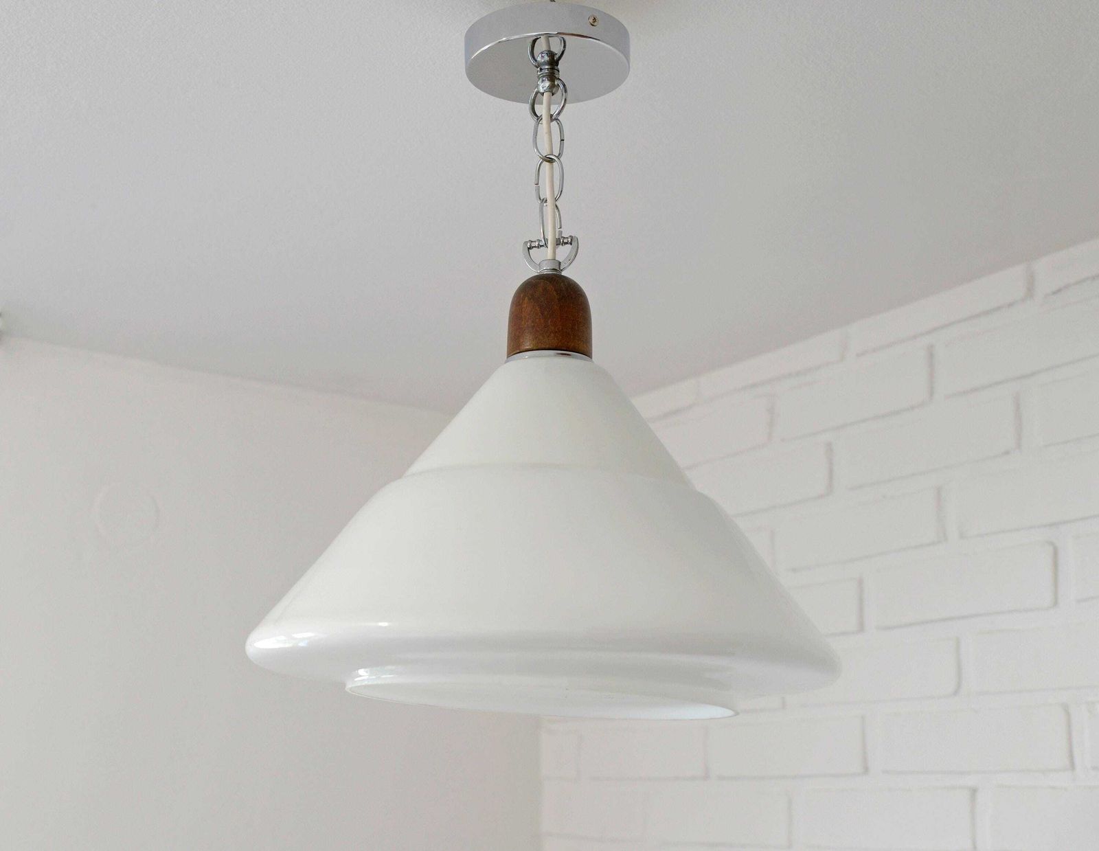 Vintage Pendant Light / Mid Century Modern / Hanging Lamp / White Glass Light Fixture / Yugoslavia 1970's / Ceiling Light / Retro Lighting