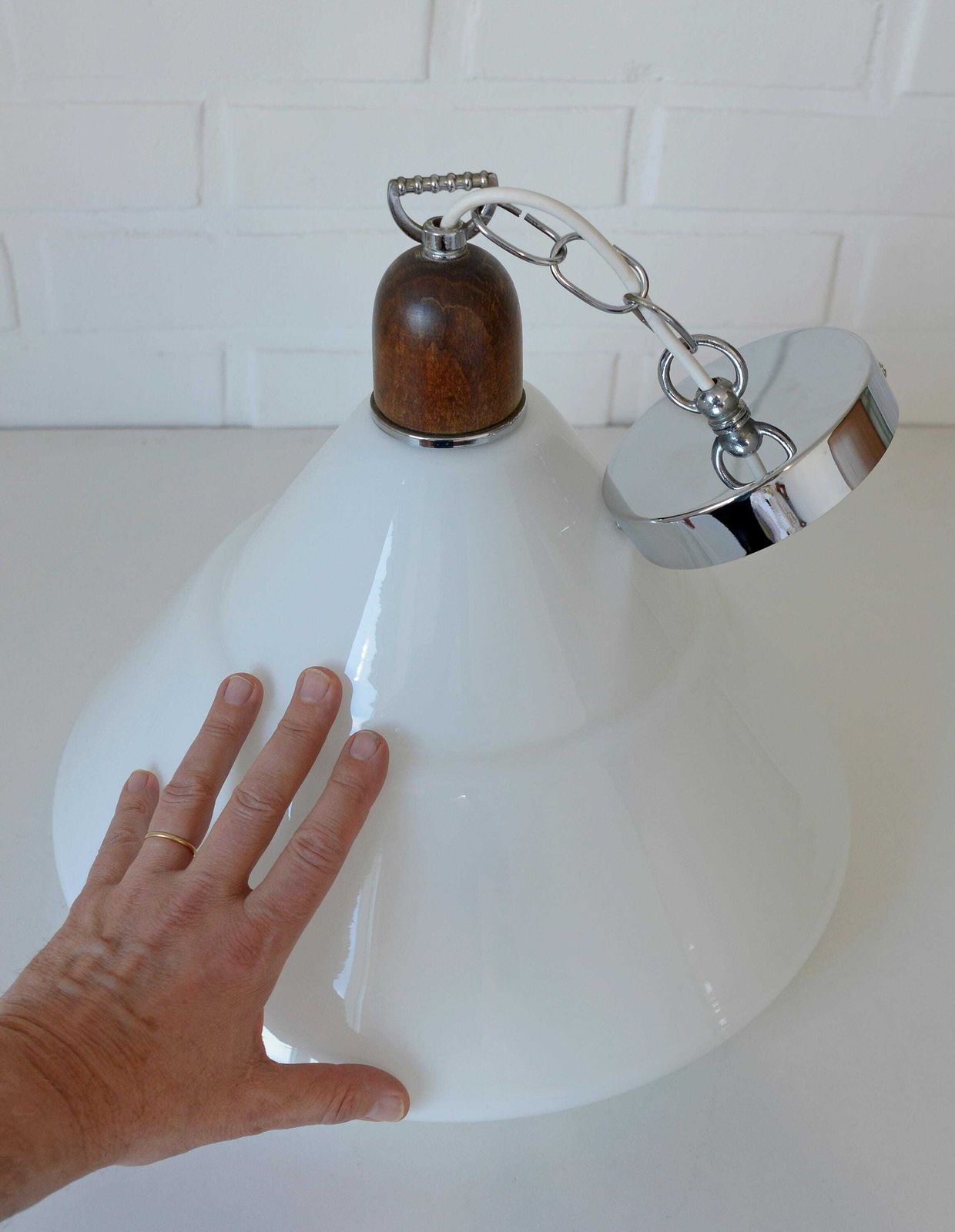Vintage Pendant Light / Mid Century Modern / Hanging Lamp / White Glass Light Fixture / Yugoslavia 1970's / Ceiling Light / Retro Lighting photo vintage