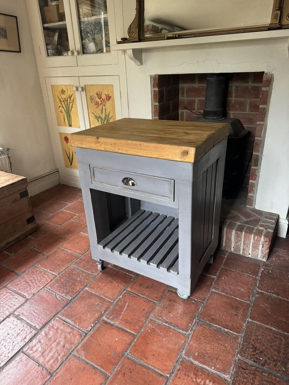 photo buy Vintage Grey Painted Butcher’s Block Kitchen Cart Island