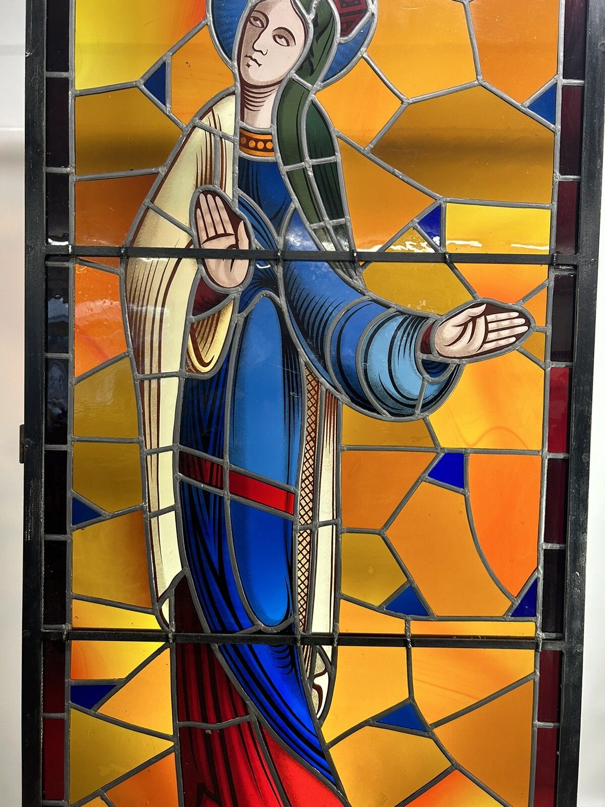 photo vinterior Stained Glass Hand Painted Window Panel Old Antique J Vosch Belgium Leaded Rare