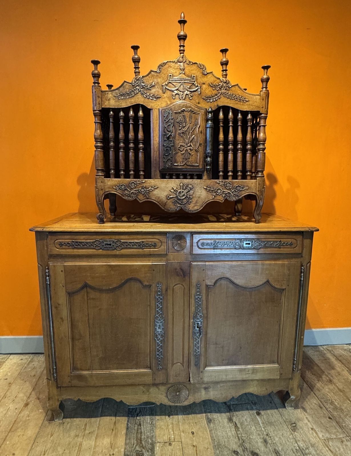 18th Century French Carved Walnut Panetiere With Turned Finials photo furniture