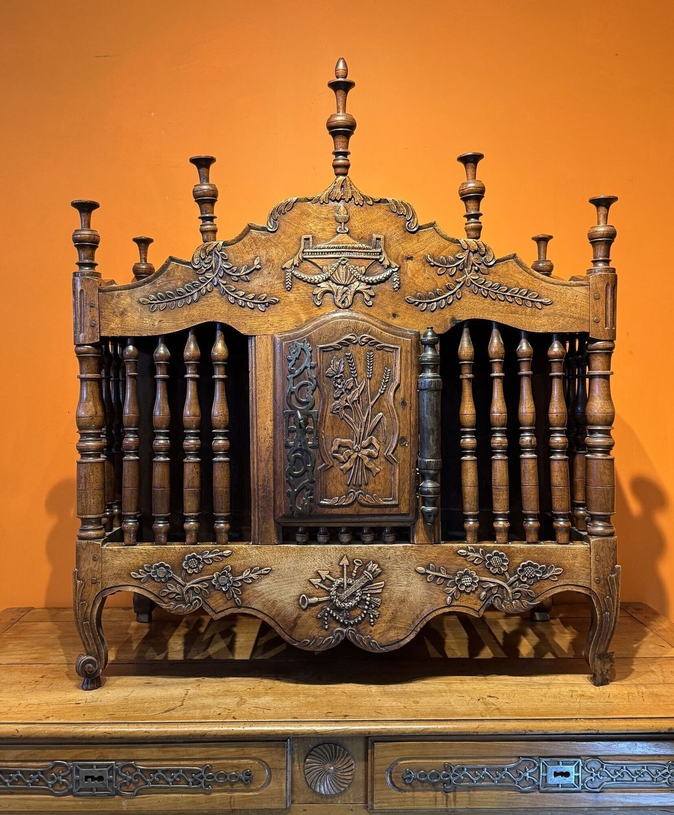 18th Century French Carved Walnut Panetiere With Turned Finials photo vintage