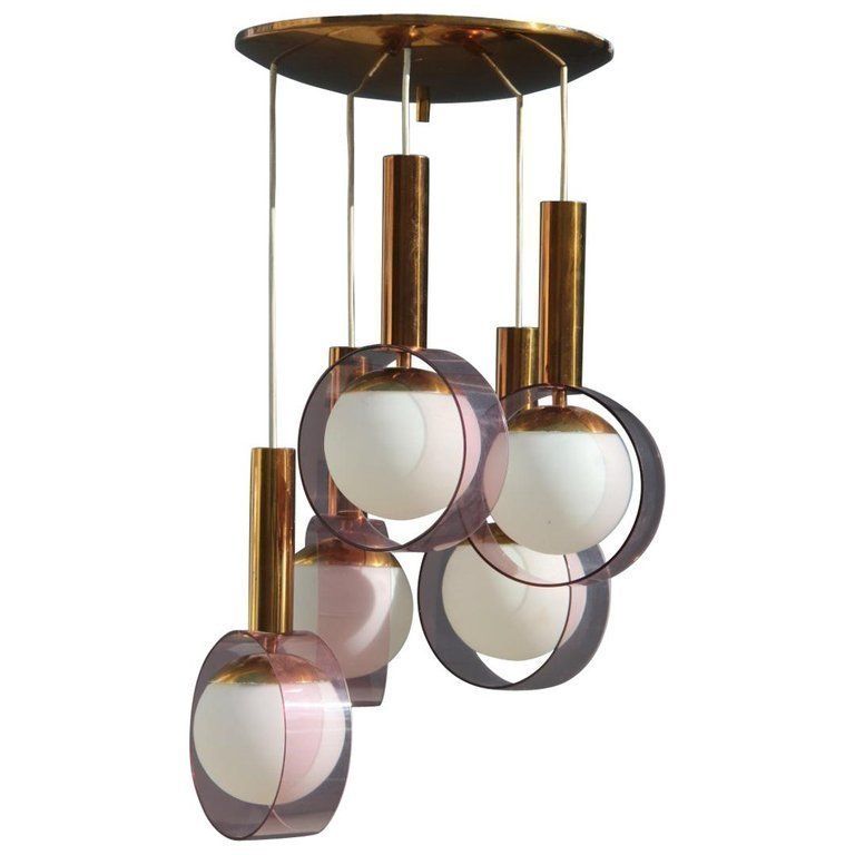 Round Stilux Milano Midcentury Chandelier Brass Plexiglass Gold Italian Design