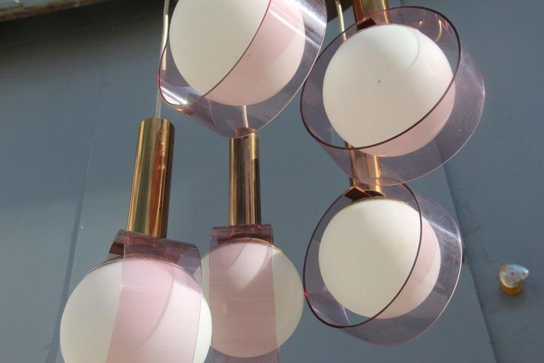 Round Stilux Milano Midcentury Chandelier Brass Plexiglass Gold Italian Design photo vinterior