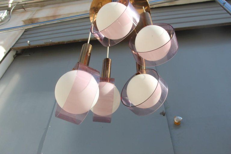 Round Stilux Milano Midcentury Chandelier Brass Plexiglass Gold Italian Design photo buy