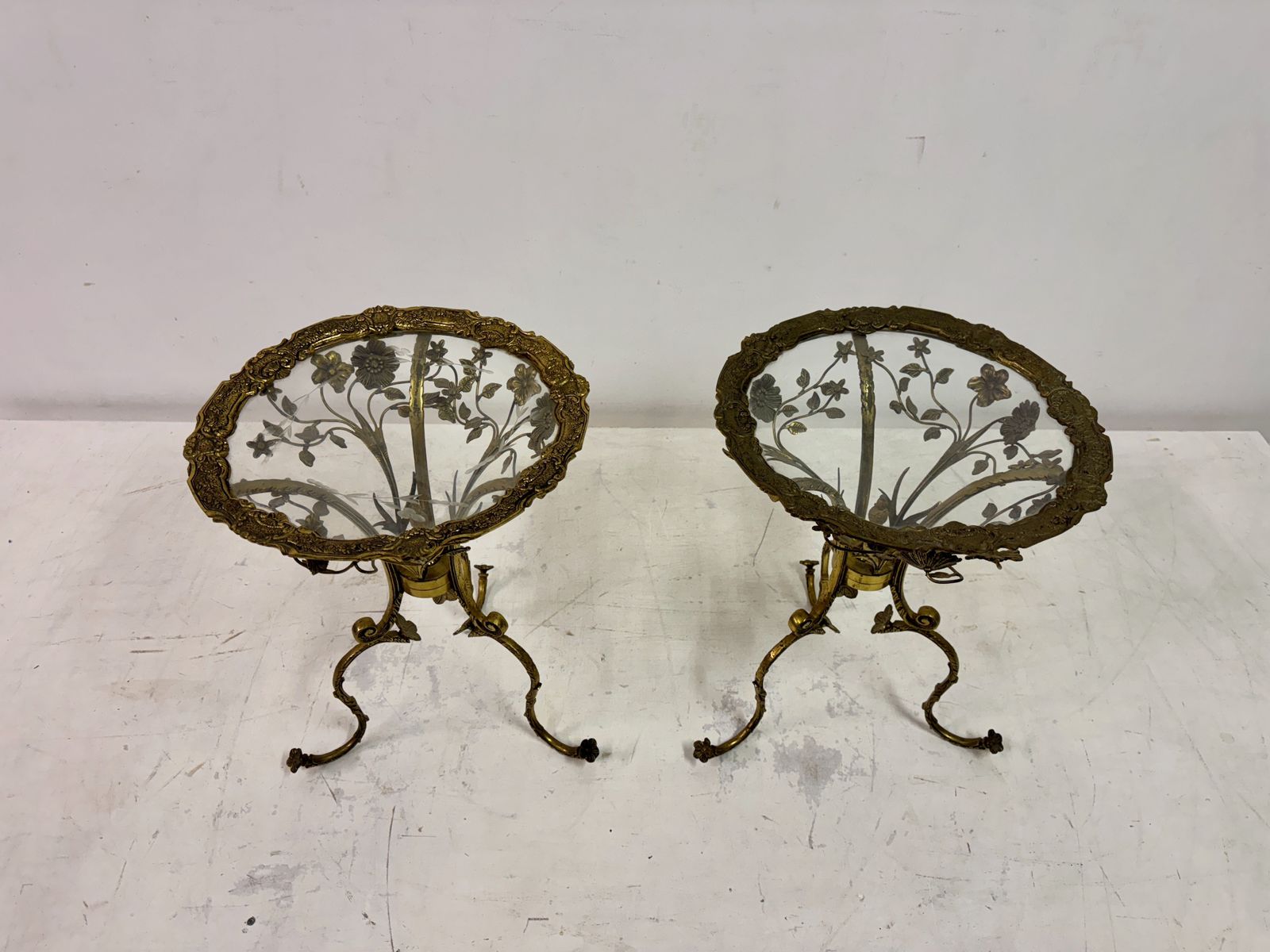 photo for sale Pair Of Mid Century Spanish Brass Ornate Side Tables