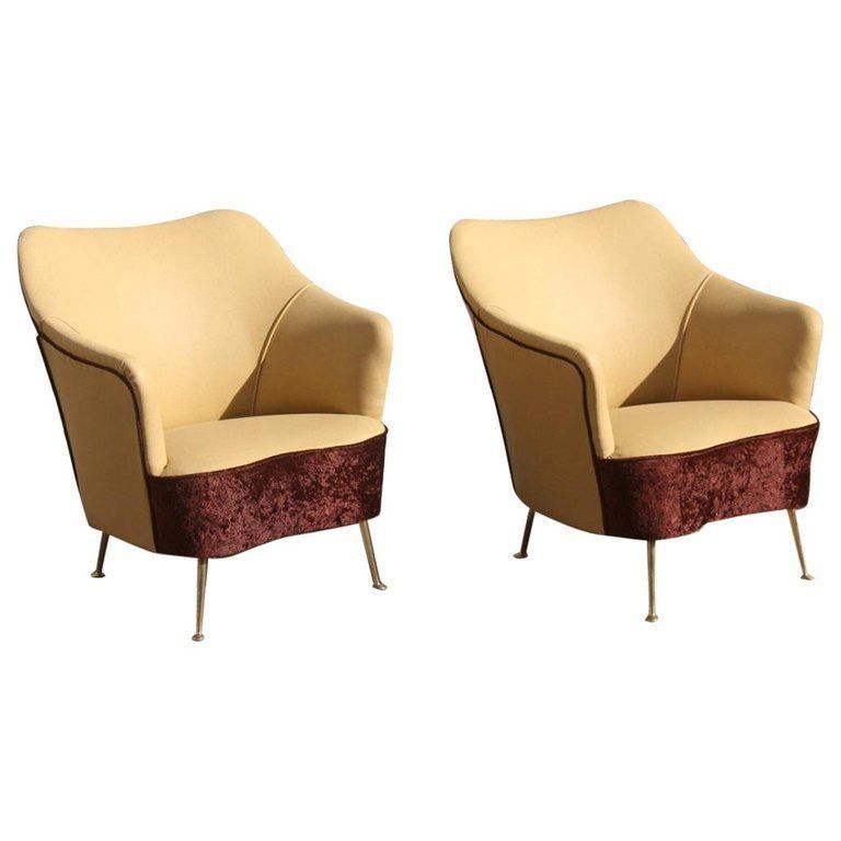 Isa Bergamo Pair Of Armchairs Italian Design Mid Century Modern Brown Brass Feet