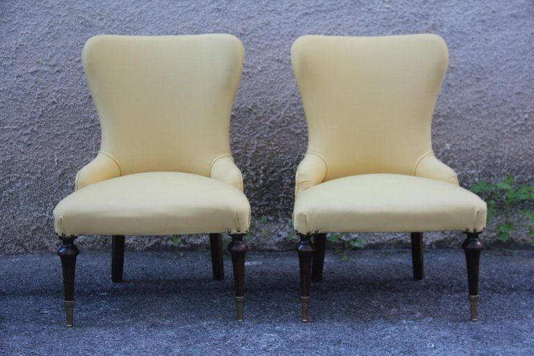 photo vinterior Pair Of Chairs Mid Century Modern Italian Design Yellow Color Wood Brass Feet