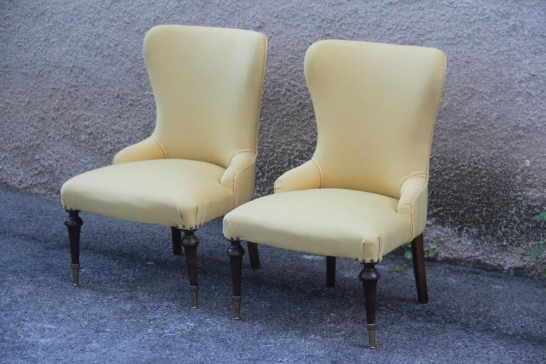 photo buy Pair Of Chairs Mid Century Modern Italian Design Yellow Color Wood Brass Feet