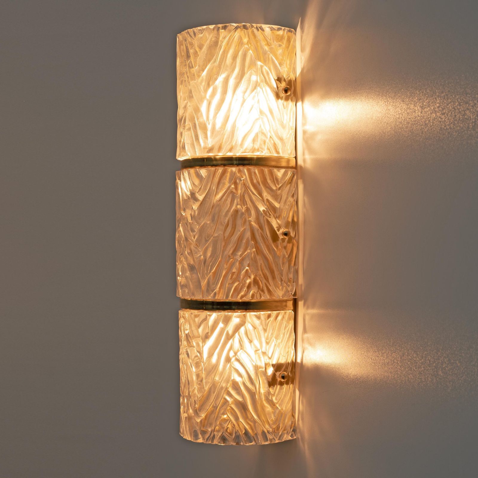 Pair Of Modern Italian Brass And Murano Glass Textured Wall Sconces photo vinterior